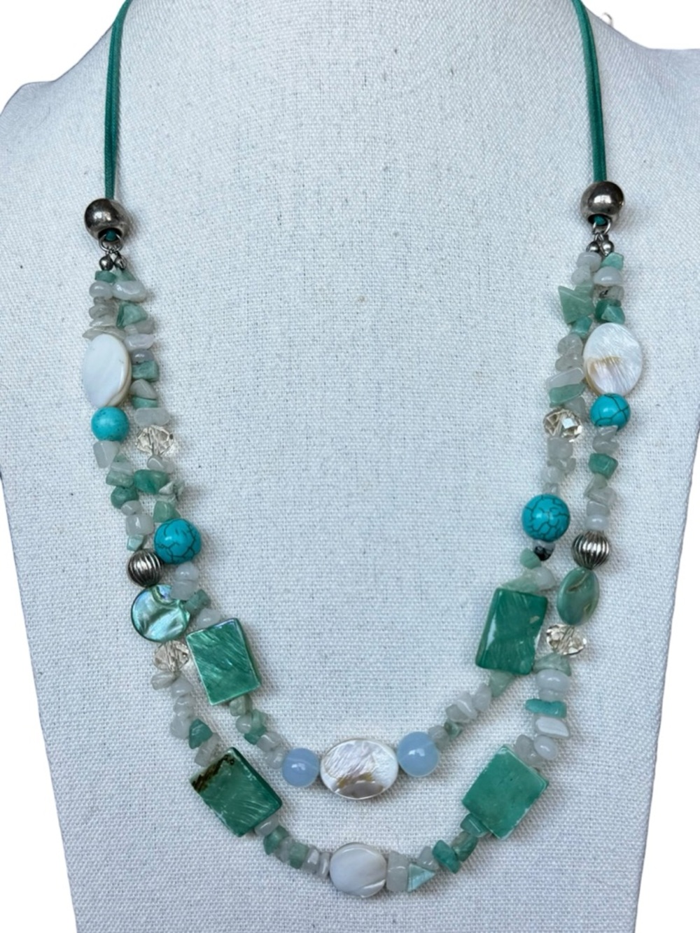 Boho Aqua Turquoise Multi Strand 26” 27” Beaded Shell Stone Statement Necklace - Picture 2 of 6
